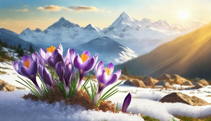 Early spring landscape with crocuses, sun and mountains  
