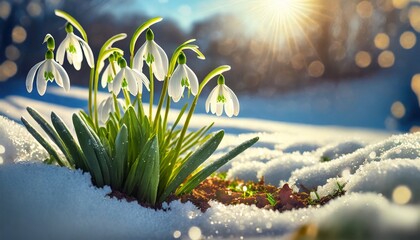 Snowdrops growing in the garden in the sunlight. In the background, an early spring garden with melting snow. Symbol of early spring - obrazy, fototapety, plakaty