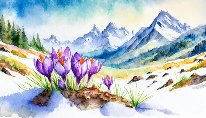 Foto op Plexiglas Wczesnowiosenny krajobraz z krokusami, słońcem i górami © Monika