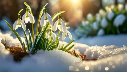 Snowdrops growing in the garden in the sunlight. In the background, an early spring garden with melting snow. Symbol of early spring - obrazy, fototapety, plakaty