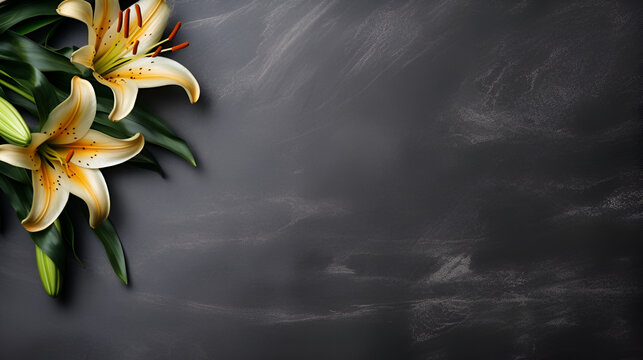 Lily's funeral flower on dark stone.Condolence card with copy space, generative ai