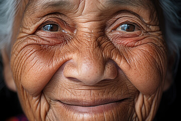 Close up portrait of an old wrinkled grandmother who is smiling