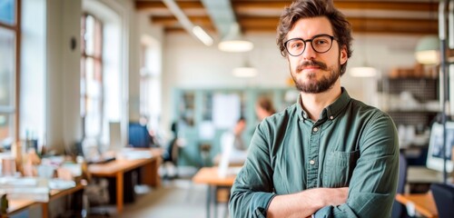 Obraz premium a young man in a creative office environment, horizontal background, copy space for text