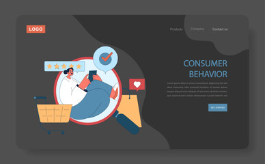 Consumer behavior dark or night mode web, landing. Purchase journey. Customer engagement with product ratings and satisfaction indicators in a digital store or marketplace. Flat vector illustration