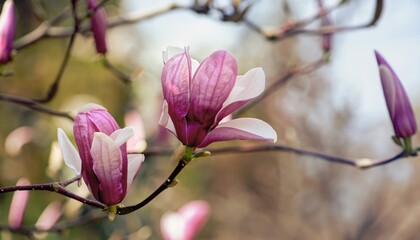 The first flowers of magnolia in early spring with copy space