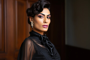 Portrait of a young transgender Hijra man in modern women's fusion wear, blending traditional and contemporary styles