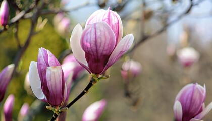 The first flowers of magnolia in early spring with copy space