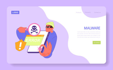 A tech-savvy individual confronts a dangerous skull symbol, representing the pervasive threat of malware, while a shield warns of system vulnerability. Vector flat illustration.