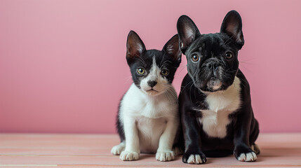 cute black and white dogs on a pink background