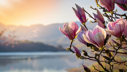 The first flowers of magnolia in early spring with copy space - obrazy, fototapety, plakaty