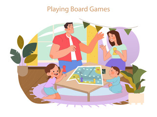 Family Hobbies concept. Cheerful interaction with board games, fostering strategic thinking and family bonding at home.