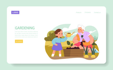 Gardening concept. Intergenerational bond through gardening, a child and grandparent tending the garden together