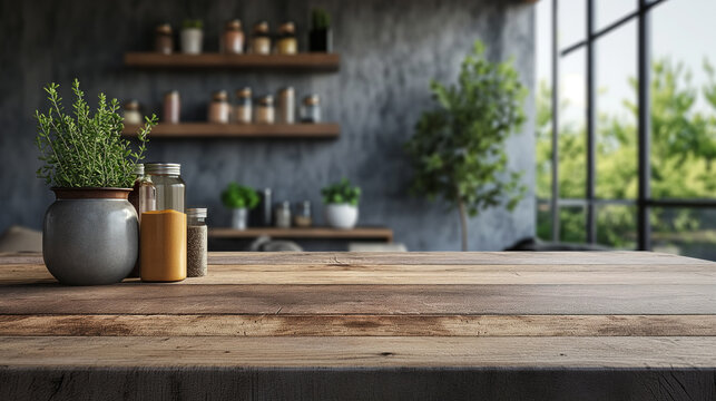 Copy space on a tabletop with spice bottles and a potted plant in a modern living room