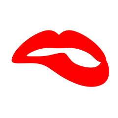 Red female lips on a white background. The concept of a bitten lower lip and a sexy look is perfect for a kiss and love logo. Vector illustration
