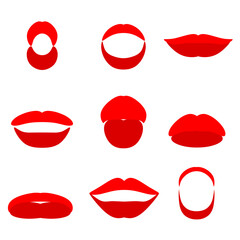 Women's red lips collection. Collection of women's sexy lips expressing different emotions. Beauty concept, pop art, trend background. Vector illustration