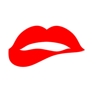 Red and sexy female lips on a white background. The concept of a bitten lower lip is perfect for a kiss and love logo. Vector illustration