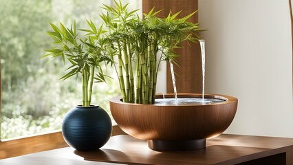 a sense of calm with a Japanese-inspired bamboo water fountain on a side table.  