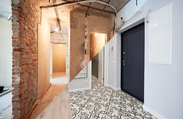 Old apartment with brick walls and new renovated flat with doors and stylish design in white tones....