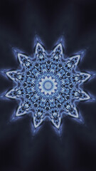 Glowing mandala. Kaleidoscope ornament. Defocused blue white color led light snowflake shape motion...