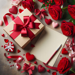 Floral Affection: Gift Box, Red Roses, and Empty Note on Valentines Day Background, Top View.