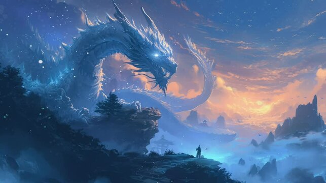 a hero who challenges the legendary blue dragon with beautiful views. seamless looping time-lapse virtual video Animation Background.	