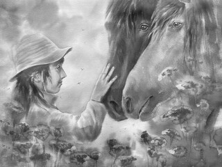 A girl with two horses in the summer meadow watercolor illustration - 705525209