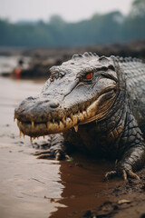 Obraz premium A Gharial crocodile with its long, narrow jaw, on a riverbank.