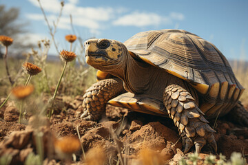 The delicate Ploughshare Tortoise in a natural grassland habitat. - obrazy, fototapety, plakaty