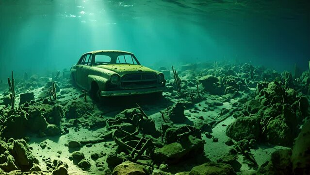 In the depths, a forgotten parking lot of submerged cars creates an otherworldly landscape, an unintentional artificial reef.