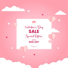 Happy valentine day sale banner with clouds and paper cut style heart shape ballons flying and text. vector illustration.