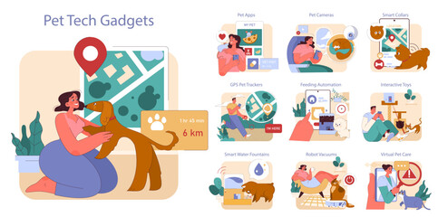 Pet Tech Gadgets set. Innovative technology for pet care and engagement. Features GPS trackers, interactive toys, smart collars. Modern pet ownership essentials.