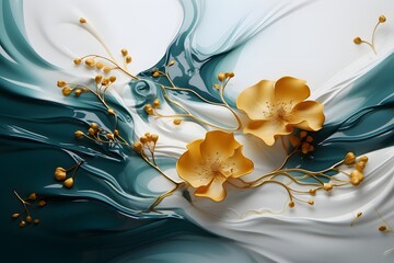 Abstract background, blue and white liquid with gold flowers