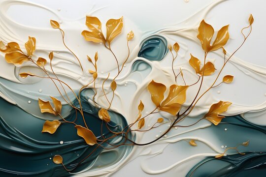 Liquid marbling paint with golden leaves. Illustration.