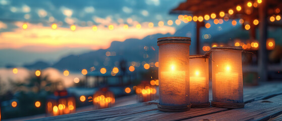 candles are lit on a wooden table with a view of a city