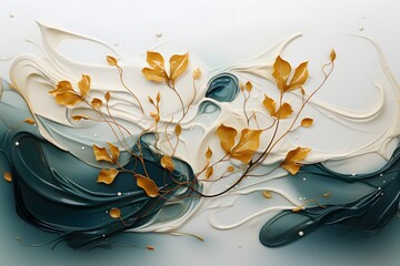 Abstract background with golden leaves and splashes of paint