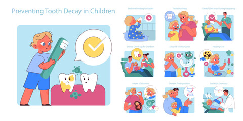 Preventing Tooth Decay in Children set. Educative illustrations depict healthy oral habits and dentist visits for kids' dental care. Emphasizing nutrition and check-ups.