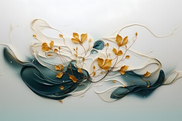 Abstract background, blue and white cream with golden leaves.