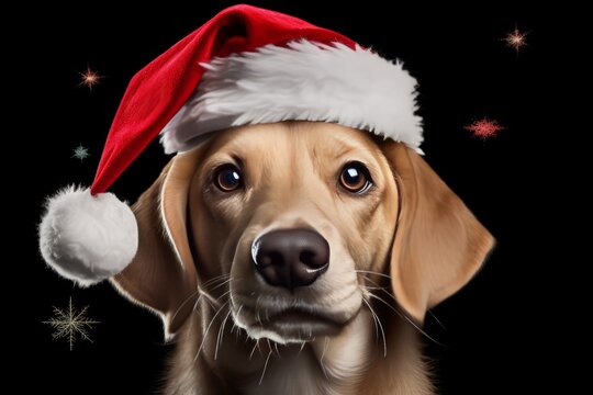 Brown bigl dog in a festive cap on the black background with snowflakes. Christmas concept