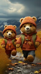   two teddy bears dressed in autumn colors holding hands,Valentines Day, Propose day,  Valentines Day date. 