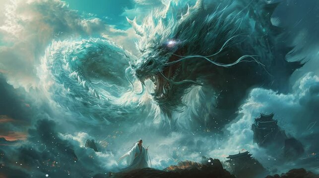 an angry giant dragon with snowy mountains. seamless looping time-lapse virtual video Animation Background.	