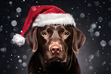 Brown labrador dog in a festive cap on the black background with snowflakes. Christmas concept