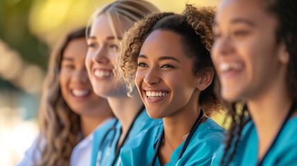 Multi-ethnic group of happy female nurses at the hospital, diversity, teamwork and healthcare