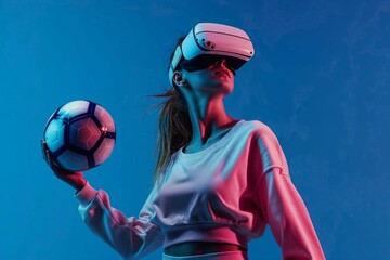 Futuristic Virtual Reality Soccer Experience, Woman with VR Headset and Soccer Ball - Powered by Adobe