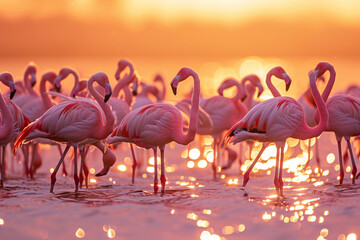 Flamingos at Lake in Radiant Sunset Glow