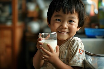 Cute little Asian child holding a glass of milk in the kitchen at home with a smile. happy face