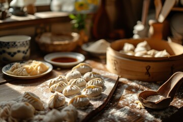 Fototapeta premium Preparing Chinese dumplings in a country kitchen