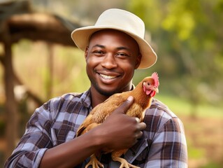 Fototapeta premium African farmer man, chicken and portrait outdoor in field, healthy animal or sustainable care for livestock at agro job. Poultry entrepreneur, smile and bird in nature, countryside or agriculture