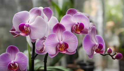 Blooming beautiful orchid in a greenhouse.