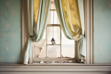 tattered curtains blowing in manor window