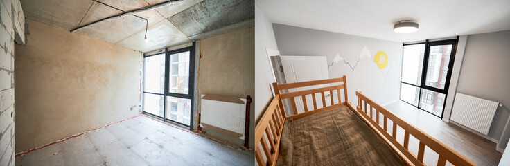 Old apartment room with brick wall and new renovated flat with parquet floor and kid house bed. Comparison of children room with wooden bunk bed before and after renovation. - obrazy, fototapety, plakaty